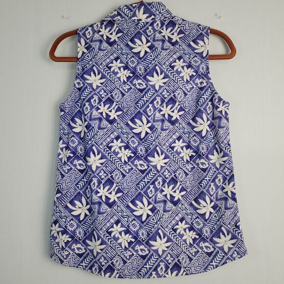 Vtg Panhandle Slim sleeveless button up top sz S blue white palm trees vacation - Picture 7 of 7